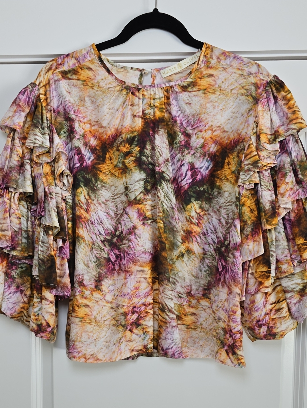 Marie Oliver Ferne Tie Dye Statement Sleeve Ruffle Blouse XS Maximalist